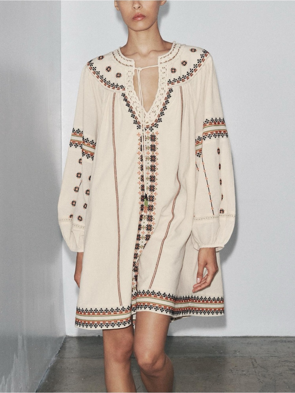 Zara Cream Mini Dress with Multi-Color Embroidery